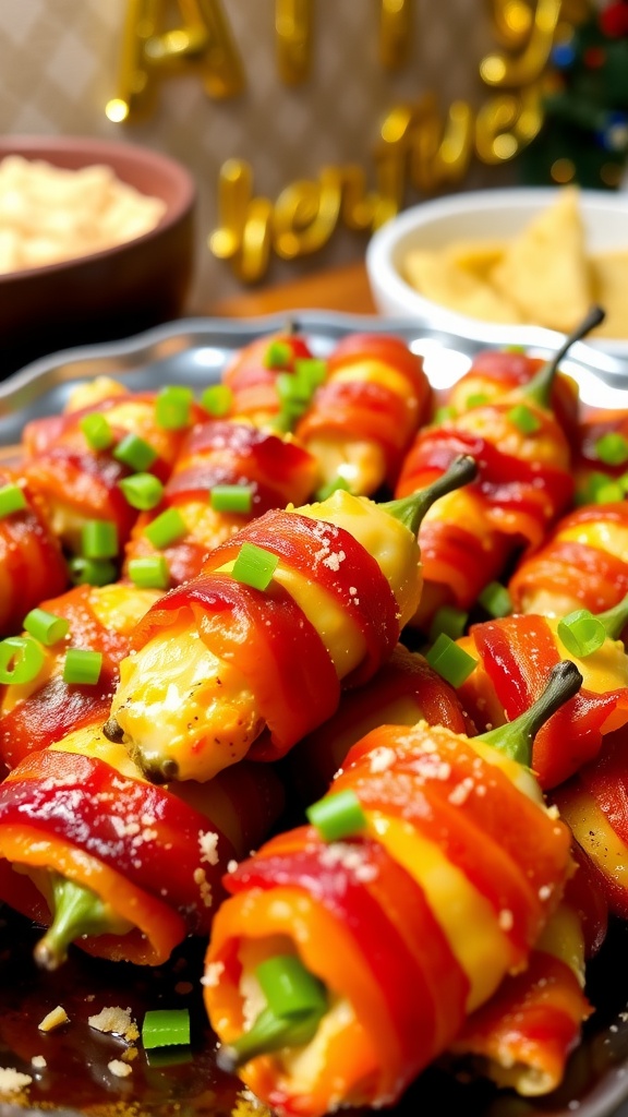 Bacon-wrapped jalapeño poppers on a platter, garnished with green onions.